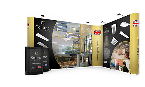 A cost effective and clever way of creating large scale exhibition stands is to join pop up stands together with linking panels.